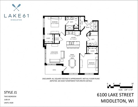 Floor plan for 2 beds, 2 baths, 1185 sqft